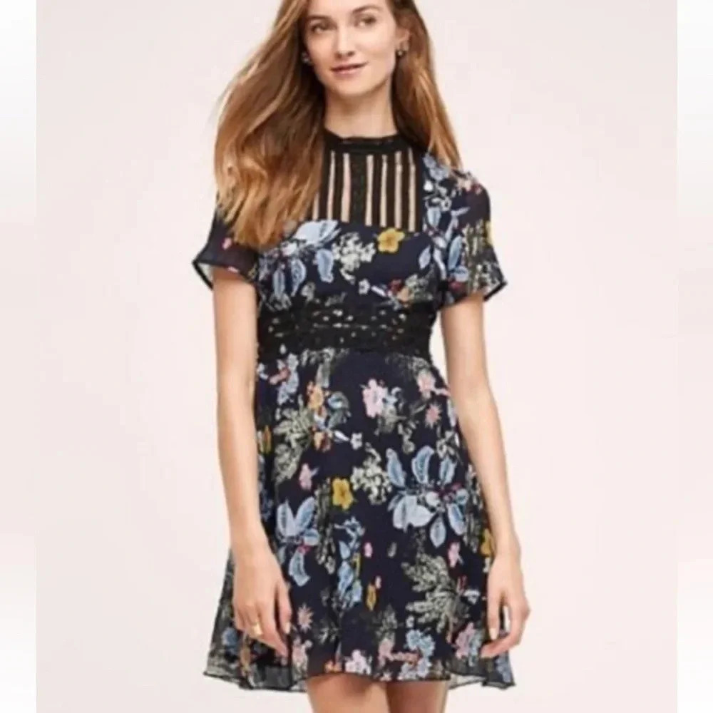 NWT Foxiedox Juniper Navy Blue Black Floral Print Mesh Embroidered Neck Dress L